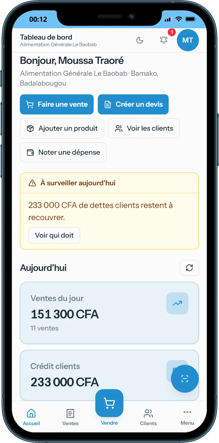 Écran d'accueil de BamakoShop sur téléphone : ventes du jour et stock de la boutique