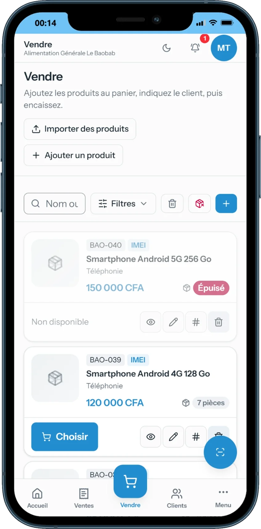 Écran Vendre sur téléphone : choix des produits et du client