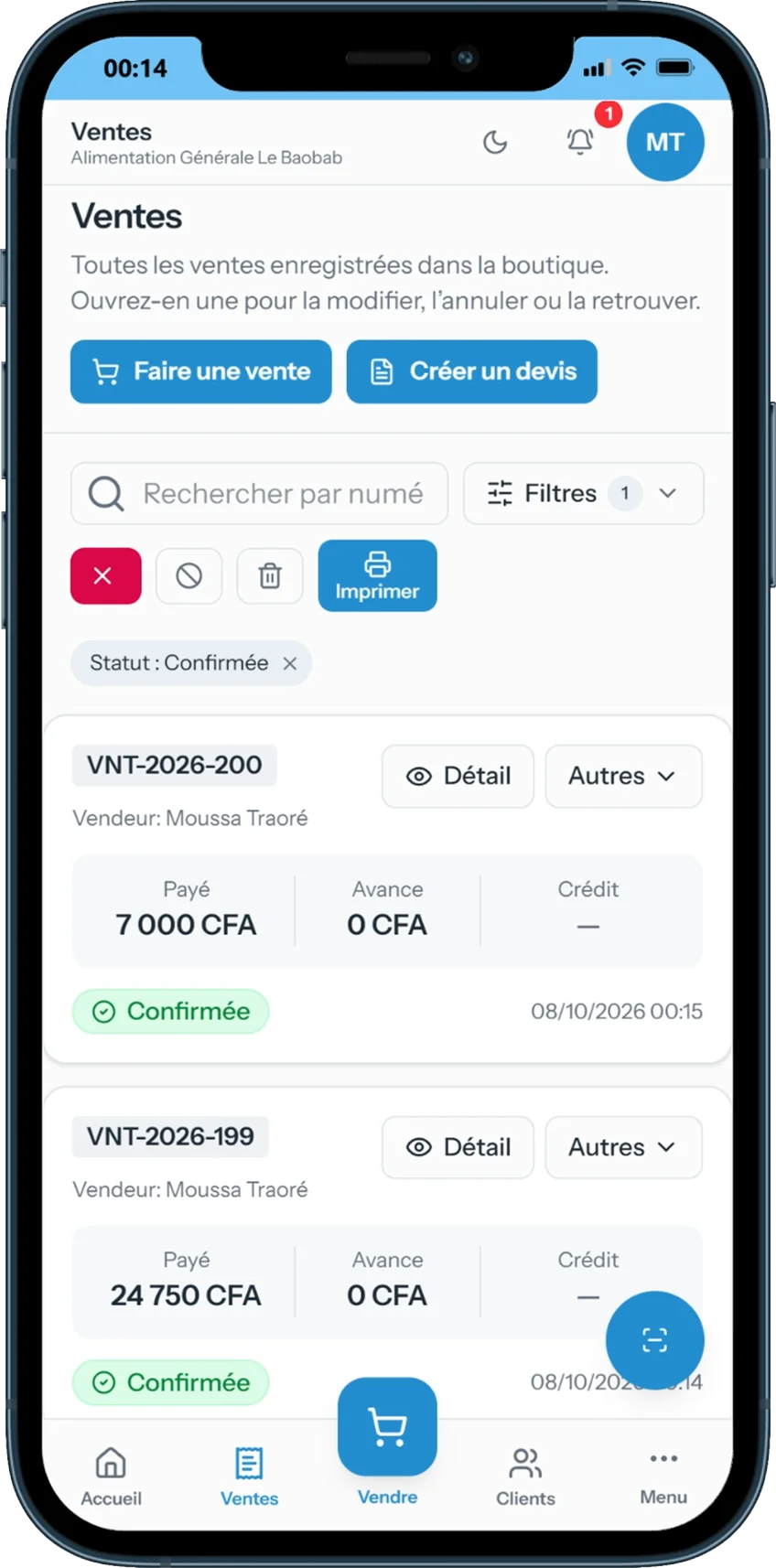 Liste des ventes sur téléphone avec le client, le montant et le reste à payer